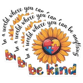 (3 Pack) Autism Awareness Decals - Sunflower Be Kind Sticker - Heart Puzzle Decal - 3 Inches On Longest Side - Easy Peel & Apply - Made in USA - 3MCS8610