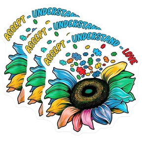 (3 Pack) Autism Awareness Decals - Sunflower Puzzle Piece - Accept Understand Love Stickers - 3 Inches On Longest Side - Easy Peel & Apply - Made in USA - 3MCS2127