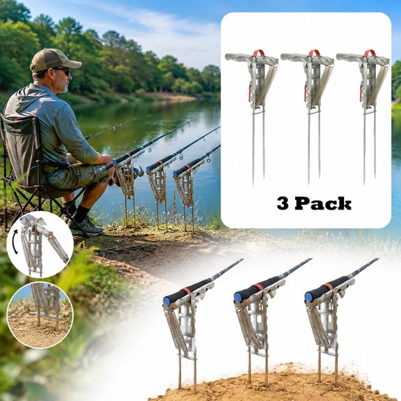 3 Pack Automatic Spring Fishing Rod Holder, Foldable Adjustable Ground Spike Pole Stand, Hands-Free Auto Trigger Bracket for Shore Surf Casting, Bank Freshwater & Saltwater Fishing