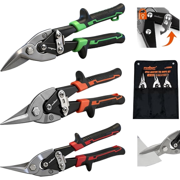 3 Pack Aviation Tin Snips Set, 10 Inch Metal Straight Cut, Left Cut, Right Cut for Cut Sheet Metal, Chrome Vanadium Steel