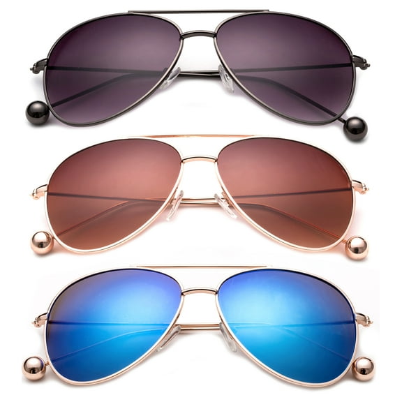 3 Pack Aviator Metal Frame Metal Ball Tip Fashion Sunglasses for Women for Men, Black Smoke, Gunmetal, Brown & Blue