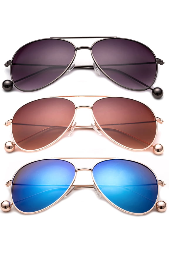 3 Pack Aviator Metal Frame Metal Ball Tip Fashion Sunglasses for Women for Men, Black Smoke, Gunmetal, Brown & Blue