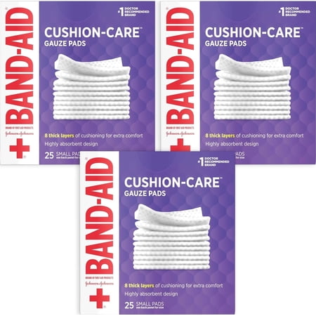 Band-Aid Cushion-Care Gauze Pads, Small Pads, 25 Ct (3 pack) (Bundle)