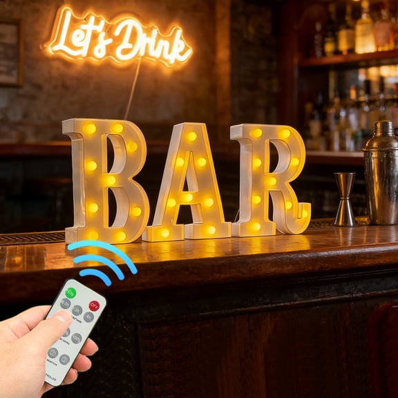 3-Pack BAR LED Letter Lights with Remote, Battery Powered for Home Bar Halloween Christmas Party Decor