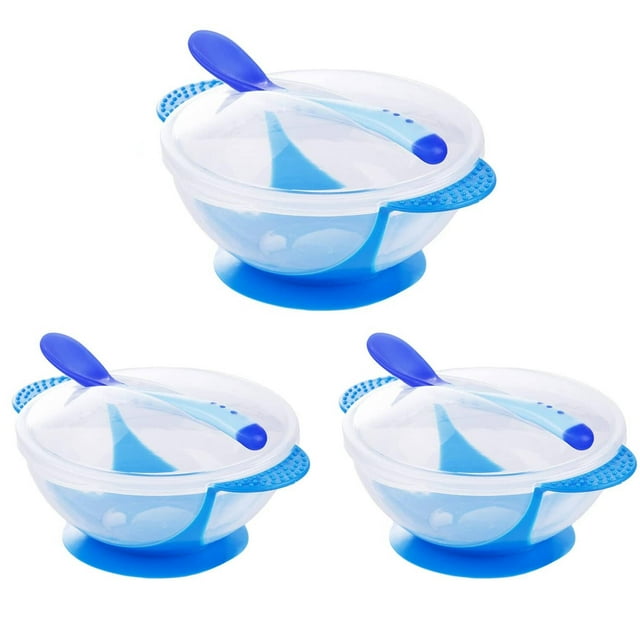 3 Pack Baby Bowls with Suction Base, Food Storage Containers With Spill-Proof Lids, Temperature-Sensing Spoon, Binaural Design Bowl, Baby Essentials for Kids Toddlers, First Stage Self Feeding