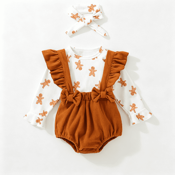 3-Pack Baby Girl Christmas Outfit, Gingerbread Man Print Long Sleeve Ribbed Bodysuit Corduroy Ruffle Suspender Bloomer Overall with Matching Headband, Size 3-24Months