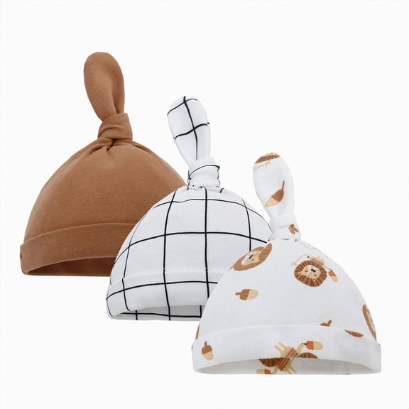 3 Pack Baby Knotted Hats Soft Newborn Beanies Cute Print Infant Caps for 0-6 Months Baby Hats
