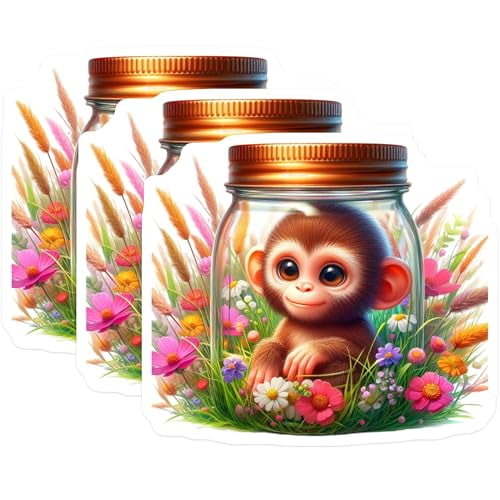 (3 Pack) Baby Monkey Decals - Cute Animal Art - Flower Garden Decor - 3 Inches On Longest Side - Easy Peel & Apply - Made in USA - 3MCS8147