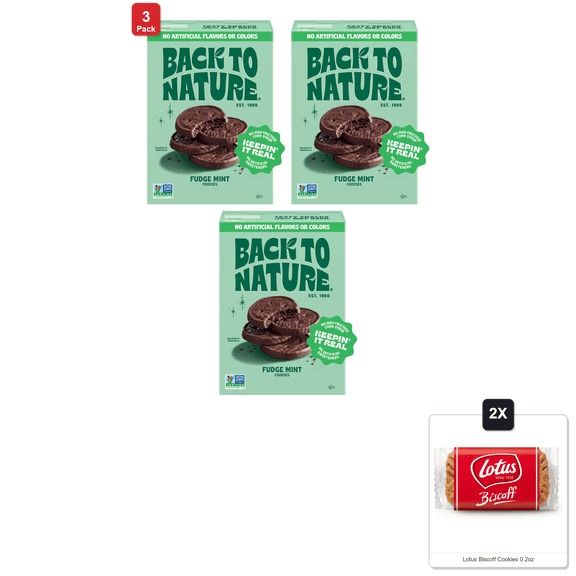 3 Pack | Back To Nature Fudge Mint Cookies, Plant-Based, Non-Gmo, Made With Wheat Flour, Snack Happy, 5.5 Oz Box & 2x Lotus Biscoff Cookies 0.2oz