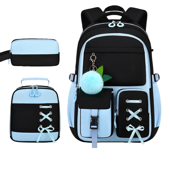 3 Pack Backpack for Kids Bookbag with Lunch Box & Pencil Case Set Waterproof Cute Bow Girls School Bag for Elementary Middle High College School Student
