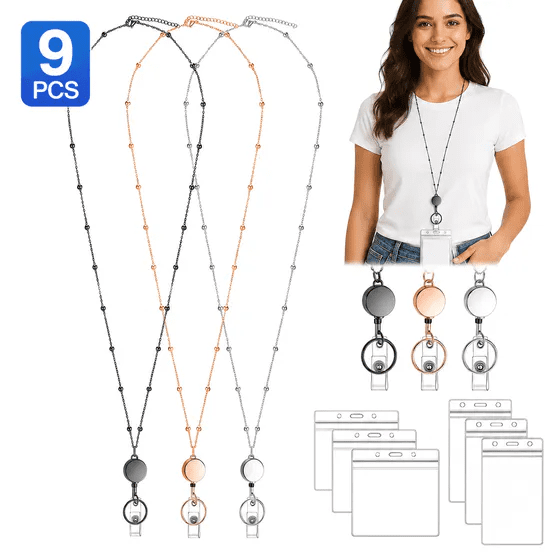 3 Pack Badge Lanyards with Retractable Reels, Stainless Steel Beaded ID Badge Lanyards with 6 Waterproof Vertical & Horizontal ID Holders, Teacher Lanyard with ID Holder, Retractable Lanyard