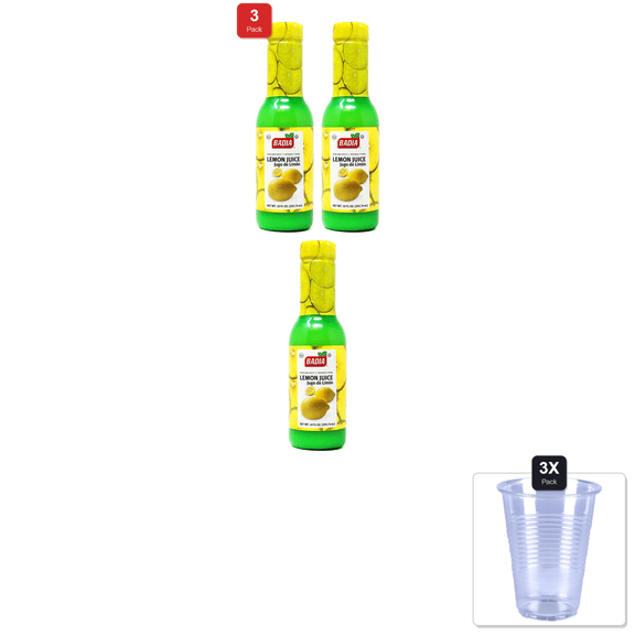 3 Pack | Badia Lemon Juice, 10 Fl Oz  Fresh Citrus Flavor From Real Lemons For Cooking, Baking, Cocktails, Dressings & Marinades & 3x Disposable Cup