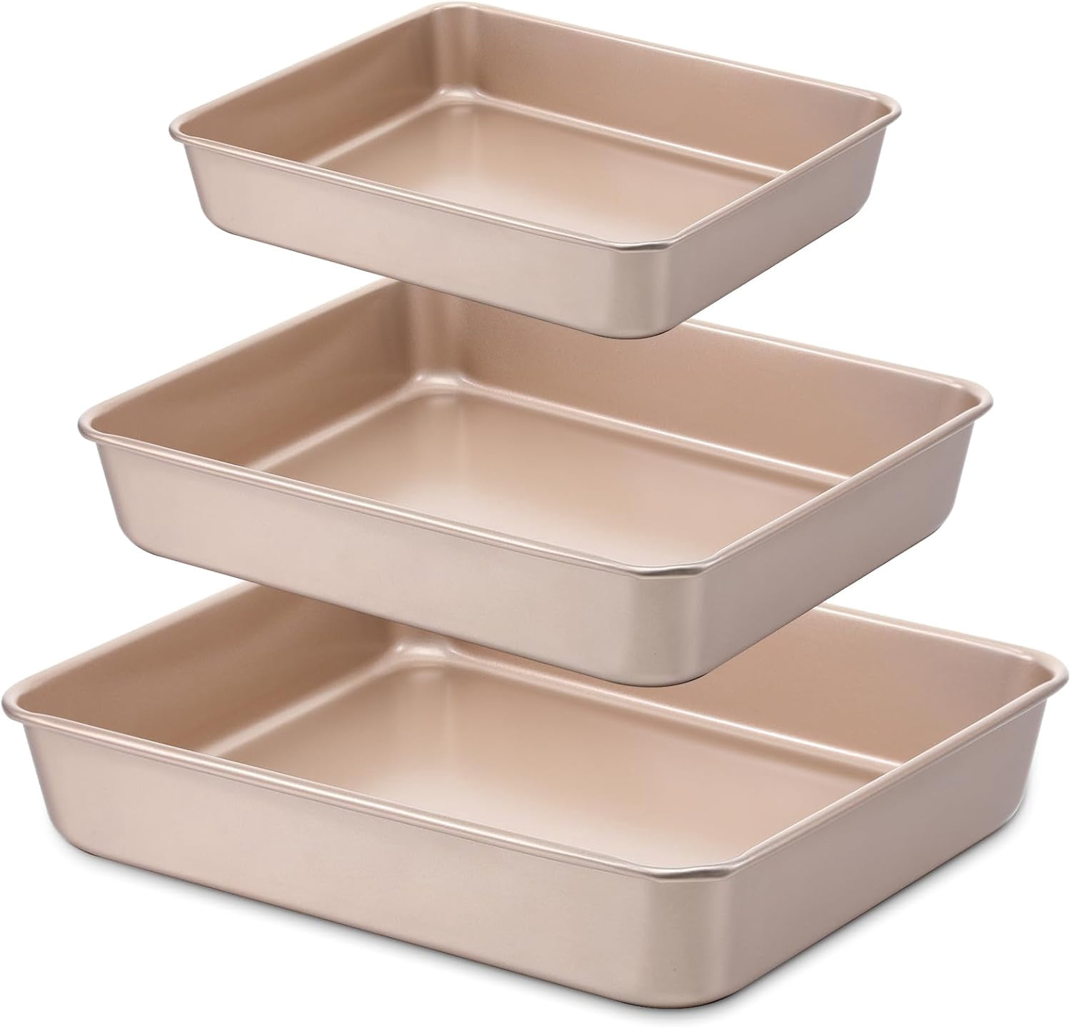 3 Pack Baking Pan Set 9/11/13 Inch Nonstick Rectangle Cake Pan Stackable Bakeware Bread Pans Cookie Sheets Oven Trays for Baking Lasagna Deep-Dish Pizza Brownies Casseroles, Gold