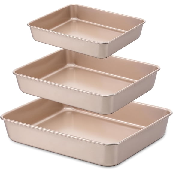 3 Pack Baking Pan Set 9/11/13 Inch Nonstick Rectangle Cake Pan Stackable Bakeware Bread Pans Cookie Sheets Oven Trays for Baking Lasagna Deep-Dish Pizza Brownies Casseroles, Gold