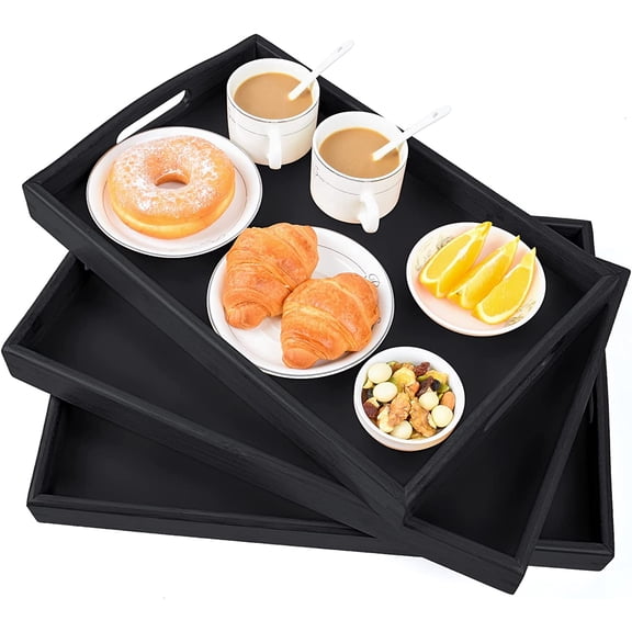 3 Pack Bamboo with Handles, Rectangular Kitchen Food Tray for Eating, Dinner Trays for Eating on Couch, Wood Serving Platter for Breakfast, Tea, Bar, Restaurant, Party or Bed (Black)
