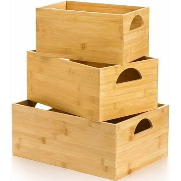 3 Pack Bamboo Storage Bin, Bamboo Storage Box Crate, Natural Nesting Organizer, Stackable Cubby Basket Container Holder with Handle for Display, Book, Toy, Snack, Decor, Modular Open, 3 Sizes