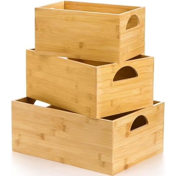 3 Pack Bamboo Storage Bin, Bamboo Storage Box Crate, Natural Nesting Organizer, Stackable Cubby Basket Container Holder with Handle for Display, Book, Toy, Snack, Decor, Modular Open, 3 Sizes