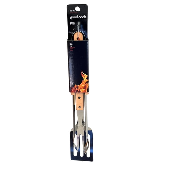 3 Pack Barbecue Tool Set with Stainless Steel Spatula, Grill Fork and Tongs, Long Wooden Handles, Hanging Loops for Outdoor Cooking, Camping, Tailgating and Backyard Grilling, Brown