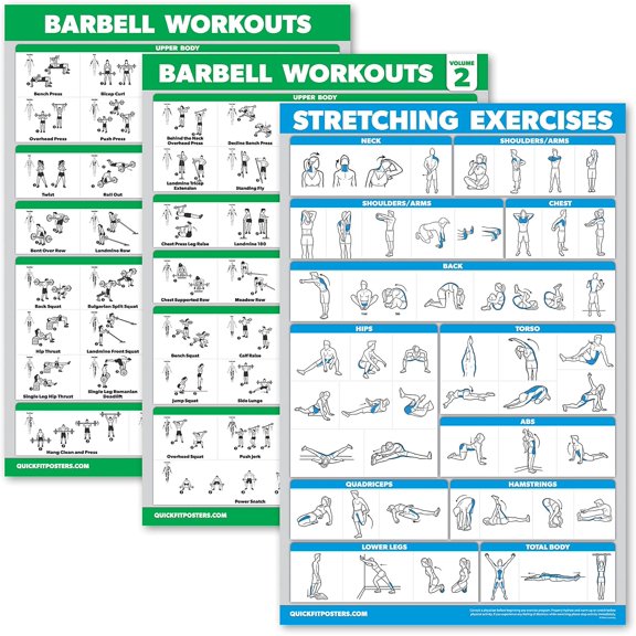 3 Pack - Barbell Workout Posters Volume 1 & 2 + Stretching Exercise Chart - Set of 3 Posters
