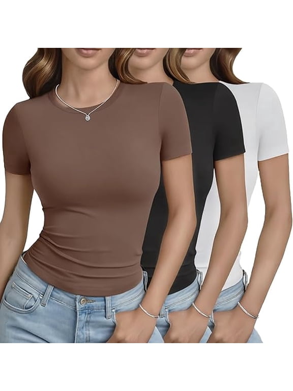 3 Pack Basic Tees for Women - Crew Neck Slim Fit Tight T Shirts Cute Y2K Trendy Crop Tops Clothes for Casual Summer(Size: Small)