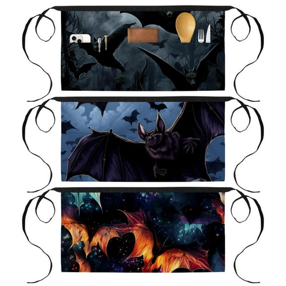 3 Pack Bat Server Aprons with 3 Pockets - Unisex Short/Half Waiter Waist Short Apron