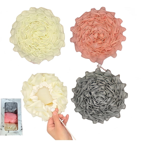3-Pack Bath Loofah Set with Dual-Sided Shower Puff - Includes Soap Pocket, Hanging Rope, and Gift Box - Loofah for Women and Men - Shower Sponge for Body with Rich Lather Beige & Pink & Gray 