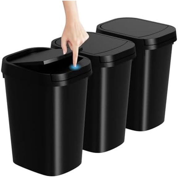 3 Pack Bathroom Small Trash Can with Lid, 2.6 Gallon Slim Garbage Bin with Pop-Up Lid, 10L Plastic Wastebasket for Bedroom, Office, Kitchen, Toilet (Black)