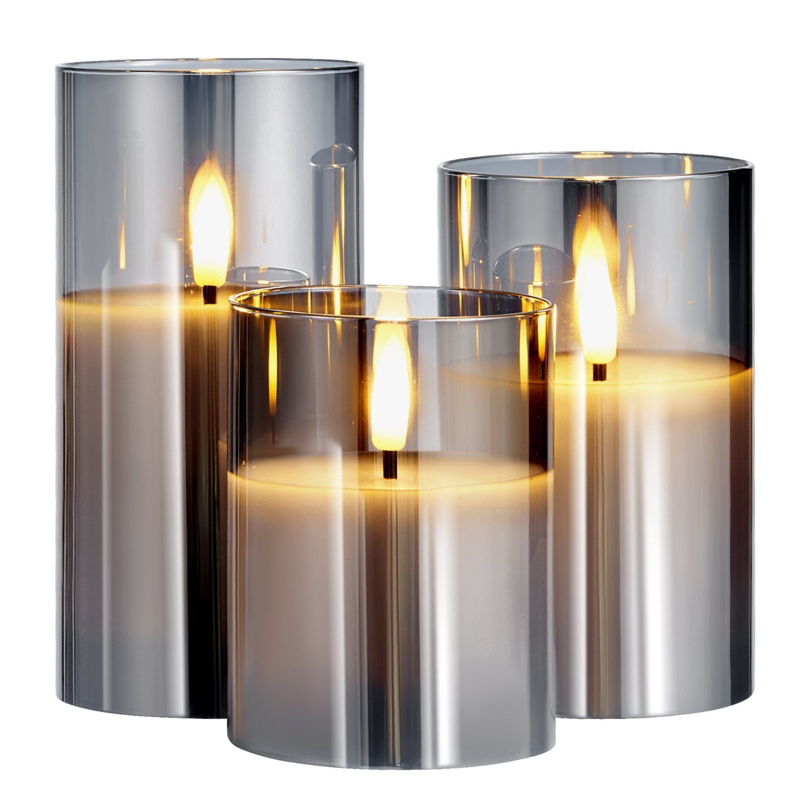 3 Pack Battery Operated Flameless LED Candles with Remote Control, 500-Hour Battery Life, Flickering Flame Effect, Safe for Kids and Pets, Gray Glass Wax Candles for Home Decor
