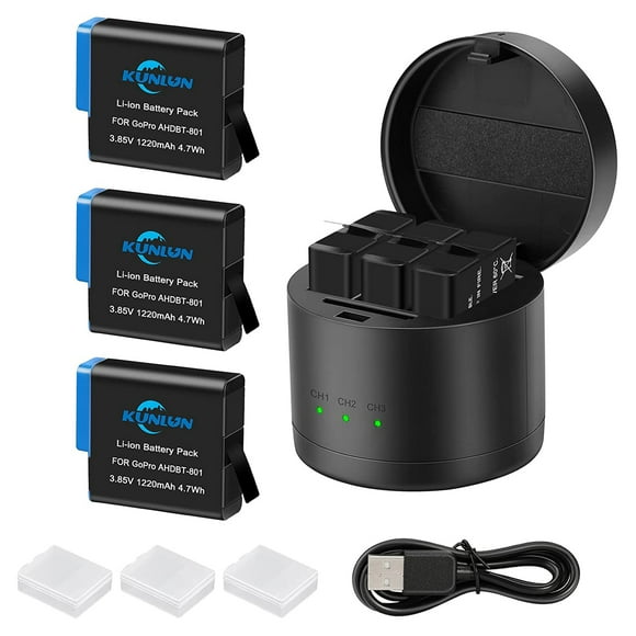 3-Pack Battery and 3 Charger Replacement for Gopro Hero 8 Black, Hero 7 Black, Hero 6 Black Action Camera