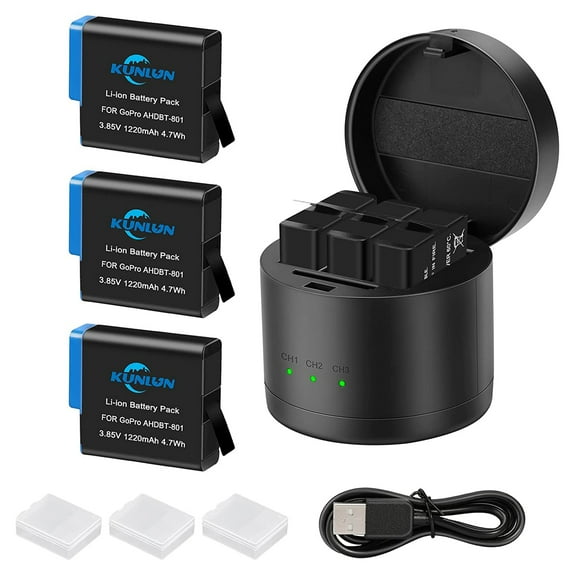 3-Pack Battery and 3 Charger for Gopro Hero 8 Black, Hero 7 Black, Hero 6 Black Action Camera