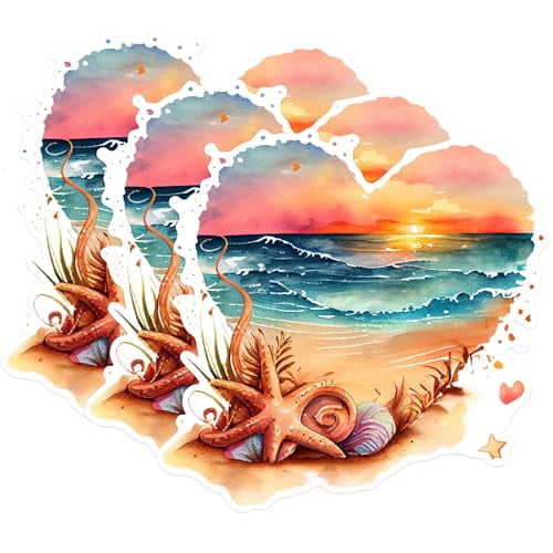 (3 Pack) Beach Sunset Heart Decals - Ocean Starfish Seashells - Tropical Laptop Decals - 3 Inches On Longest Side - Easy Peel & Apply - Made in USA - 3MCS1647