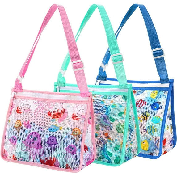 3 Pack Beach Toy Mesh Bag Kids Shell Bags Collecting Totes for Holding Shells Sand Toys Swimming Seashell Storage Bags with Adjustable Carrying Straps and Zipper for Girls Boys