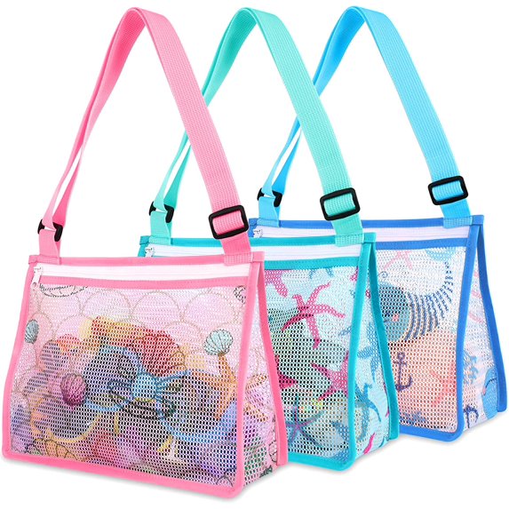 3 Pack Beach Toy Mesh Bag Kids Shell Bags Collecting Totes for Holding Shells Sand Toys Swimming Seashell Storage Bags with Adjustable Carrying Straps and Zipper for Girls Boys
