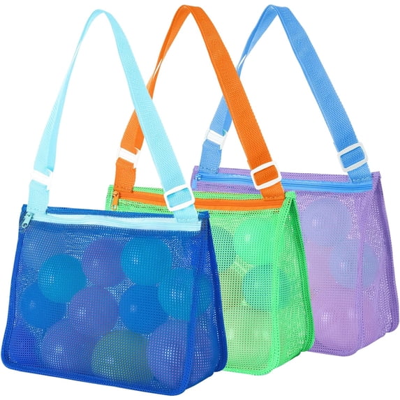 3 Pack Beach Toy Mesh Bag Kids Shell Bags Collecting Totes for Holding Shells Sand Toys Swimming Seashell Storage Bags with Adjustable Carrying Straps and Zipper for Girls Boys