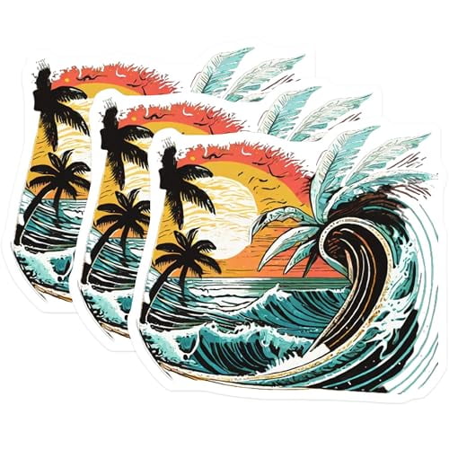 (3 Pack) Beach Wave Decals - Palm Tree Stickers - Summer Vacation Decor - 3 Inches On Longest Side - Easy Peel & Apply - Made in USA - 3MCS8027