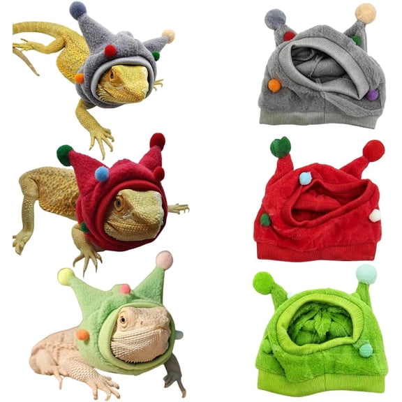 3-Pack Bearded Dragon Holiday Outfit Set, Reptile Neck Warmer for Lizards, Fleece Horned Hat for Christmas Festival Events