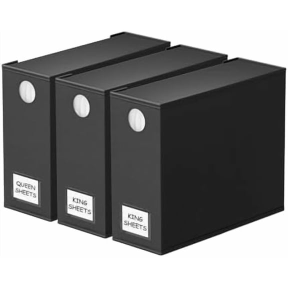3 Pack Bed Sheet Organizers and Storage, Foldable Organizer for Linen Closet, Set Folder Keeper With Window XL (Queen & King Size) Bedding Container (Black)