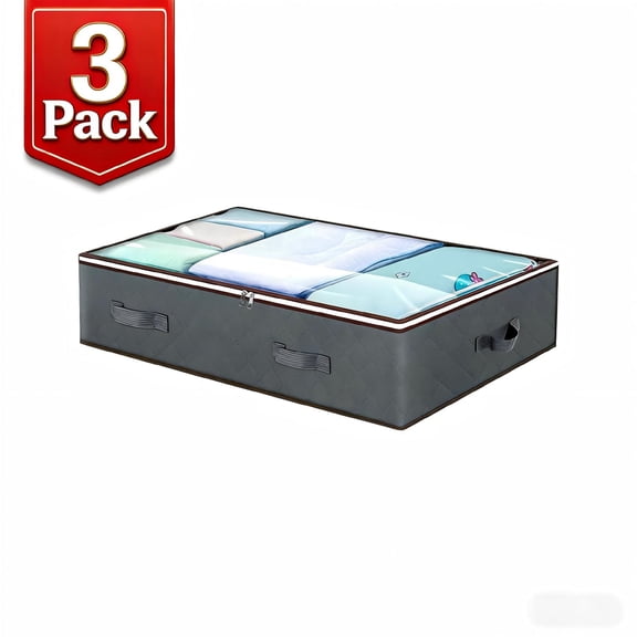 3 Pack Under Bed Storage Containers, Closet Organizers and Storage Bins, Foldable Underbed Storage Bags for Linen Sheets, Blanket, Clothing, Comforter, Sweaters, Pillows, Wrapping Paper, Grey