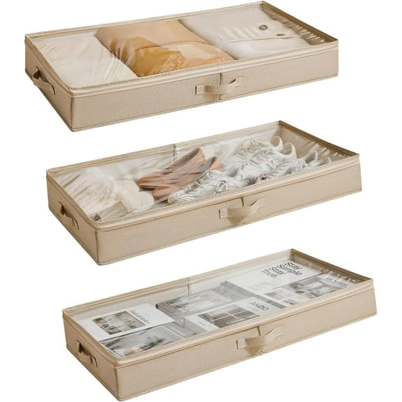 3 Pack Under Bed Storage Containers, Low Profile Underbed Shoes and Clothes Storage Organizer with Sturdy Sidewalls/Bottom, Large Dorm Storage Bins,33 * 17 * 4.5 inches,45L