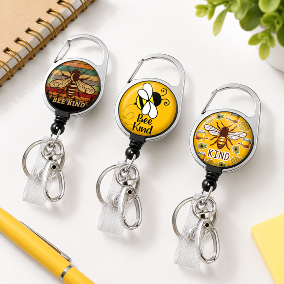 3 Pack Bee Inspirational Retractable Badge Reels with Metal Clip