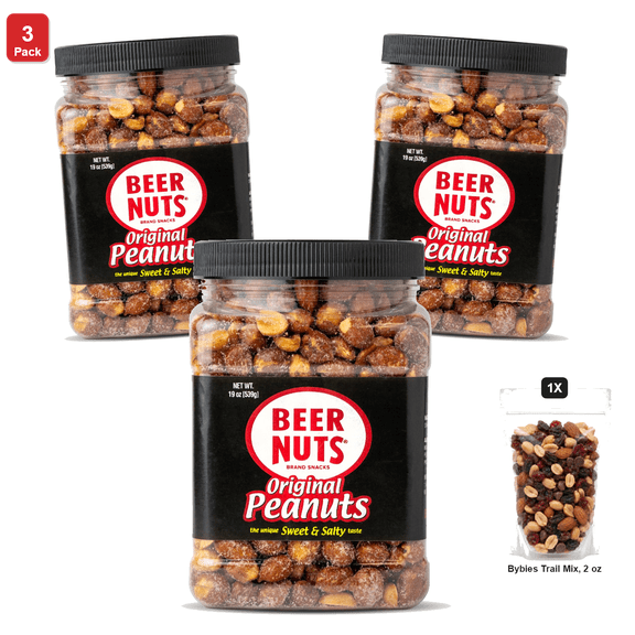 3 Pack | Beer Nuts Original Sweet and Salty Peanuts, 1 Jar, 19 oz, with Bybies Trail Mix, 2 oz