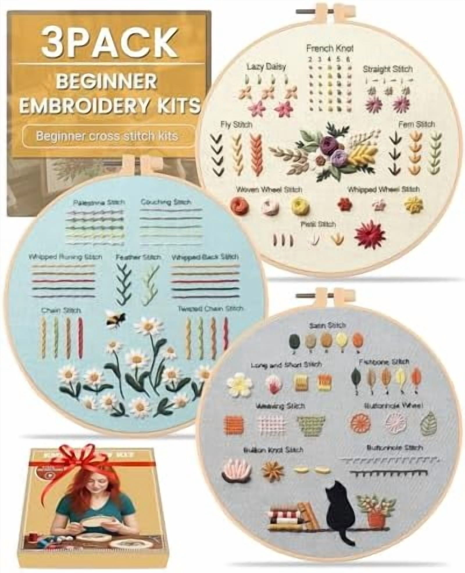 3 Pack Beginner Embroidery Kit & Cross Stitch Kits for Adults, Needles ...