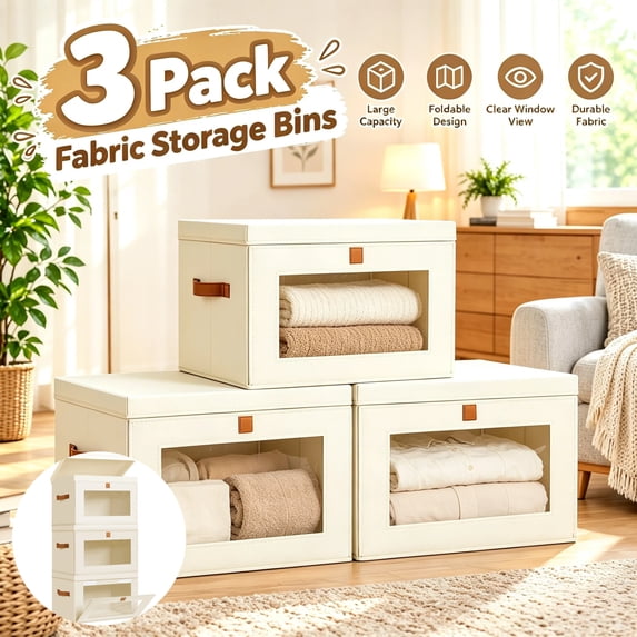 3 Pack Beige Closet Storage Bins with Lids Front Opening Storage Bin Collapsible Fabric Organizer with Clear Window Dual Handles Closet Clothes Blanket Book Storage Box for Home DIMJ