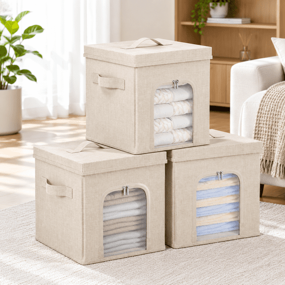 Collapsible Material 3 Pack Beige Fabric Collapsible Storage Box with Lids, 9.8*9.8*9.8in ...
