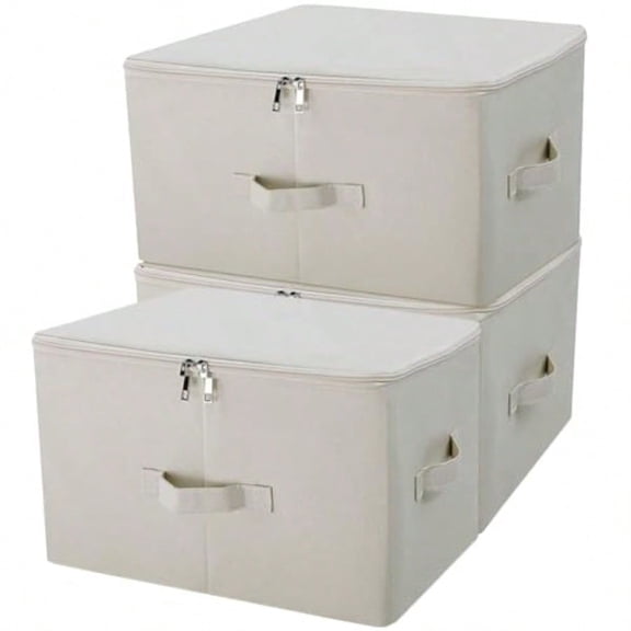3-Pack Beige Folding Storage Boxes with Zip Lid Collapsible and Stackable Rigid Organizer Bins for Clothes Blankets Books