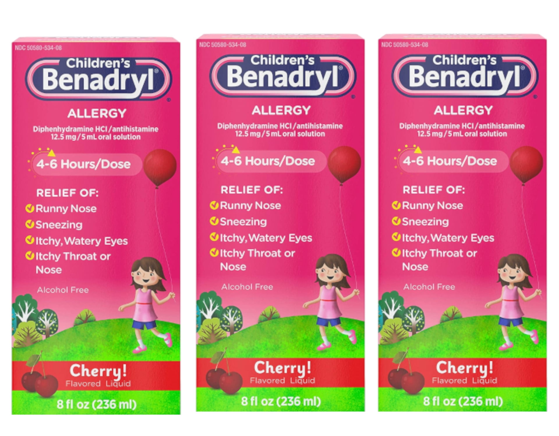 3 Pack Benadryl Children's Allergy Liquid Cherry 8oz Each