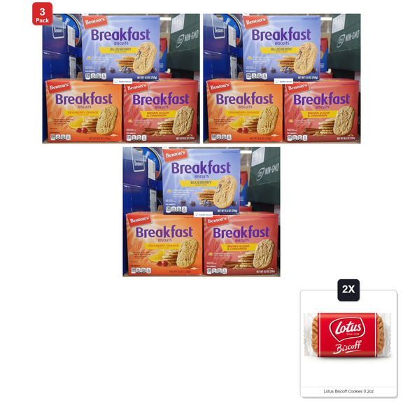3 Pack | Bentons Break Biscuits 3 Flavors Blueberry, Cranberry Orange, Brown Sugar & Cinnamon 8.8Oz 250G (Three Boxes) & 2x Lotus Biscoff Cookies 0.2oz
