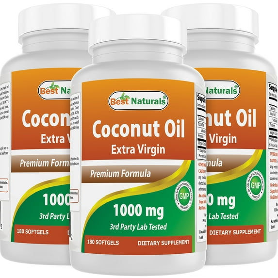 3 Pack Best Naturals Coconut Oil 1000 mg 180 Softgels