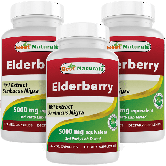 3 Pack Best Naturals Elderberry Sambucus Nigra 5000mg Equivalent 120 Vegetarian Capsules