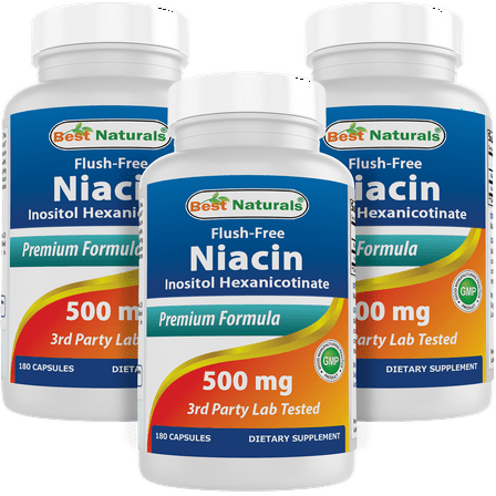 3 Pack Best Naturals Flush Free Niacin 500 mg 180 Capsules